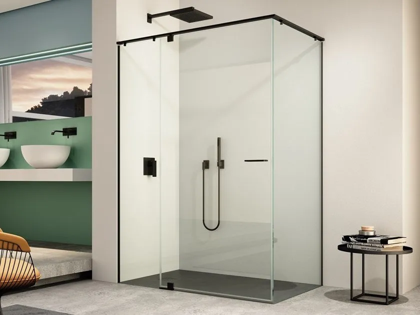 Cabină de duș walk-in din sticlă cu accesorii negru mat, baie modernă